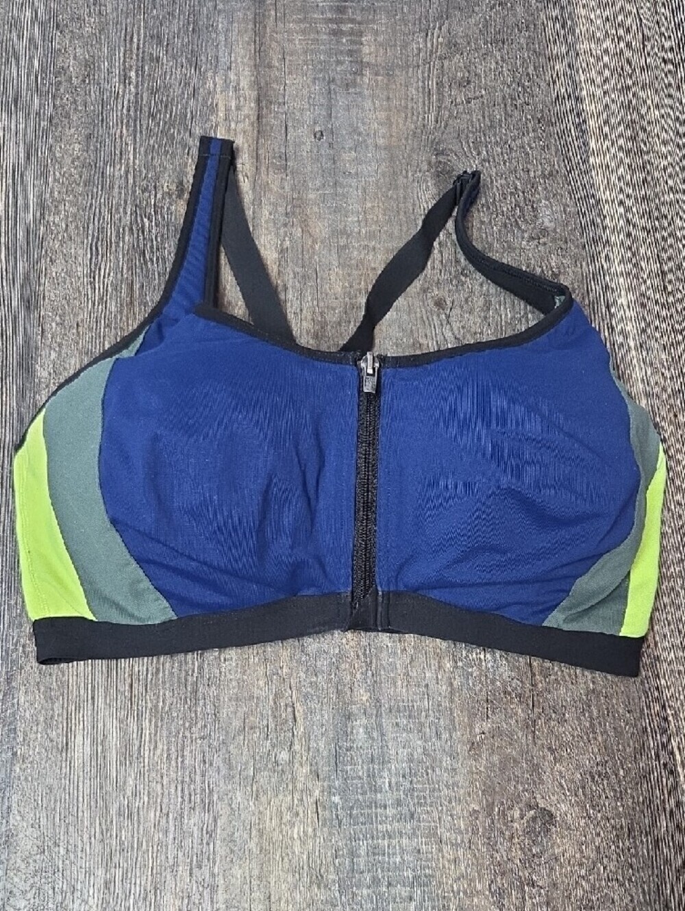 Women's Front-Zip Sports Bra - Navy with Green Accents